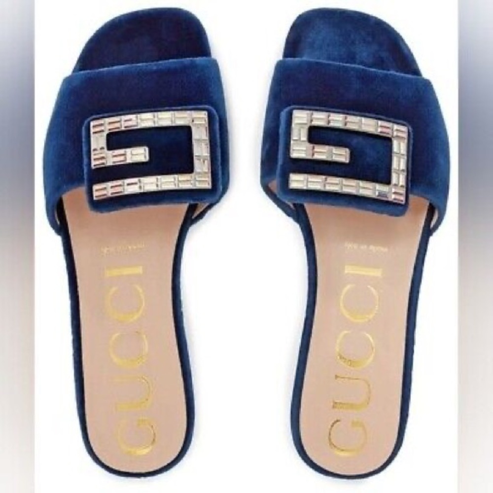 Gucci Blue Velvet Crystal G Slide Sandals Size 38